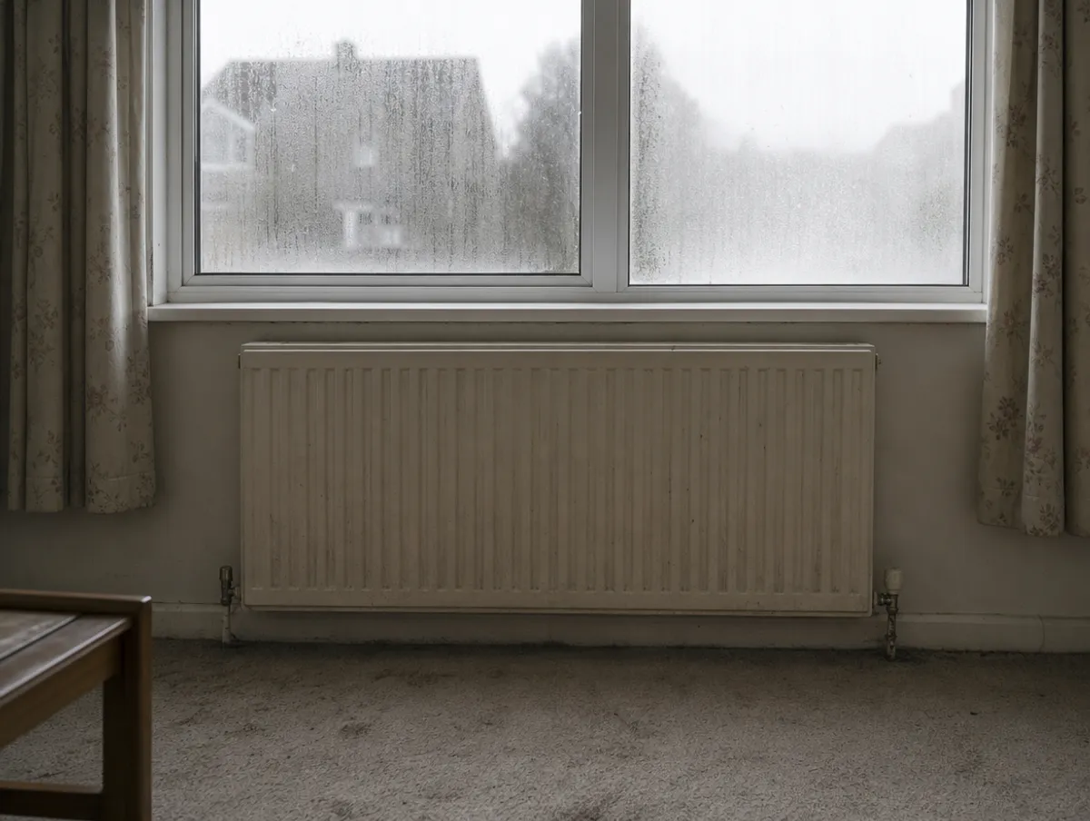 An old panel radiator below a window heavy with condensation