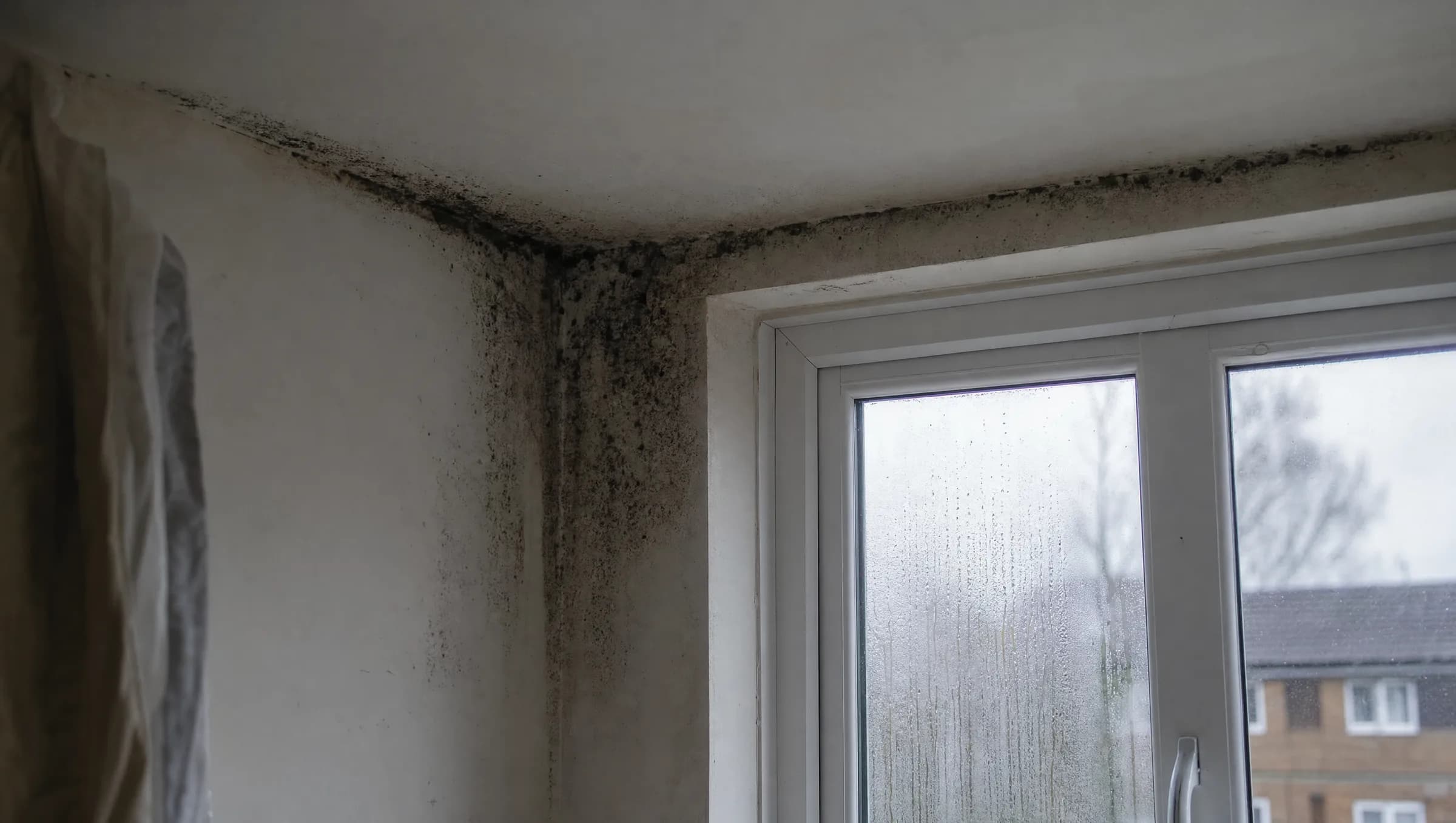 Black mould spreading across the ceiling and wall beside a condensation-covered window in a British home