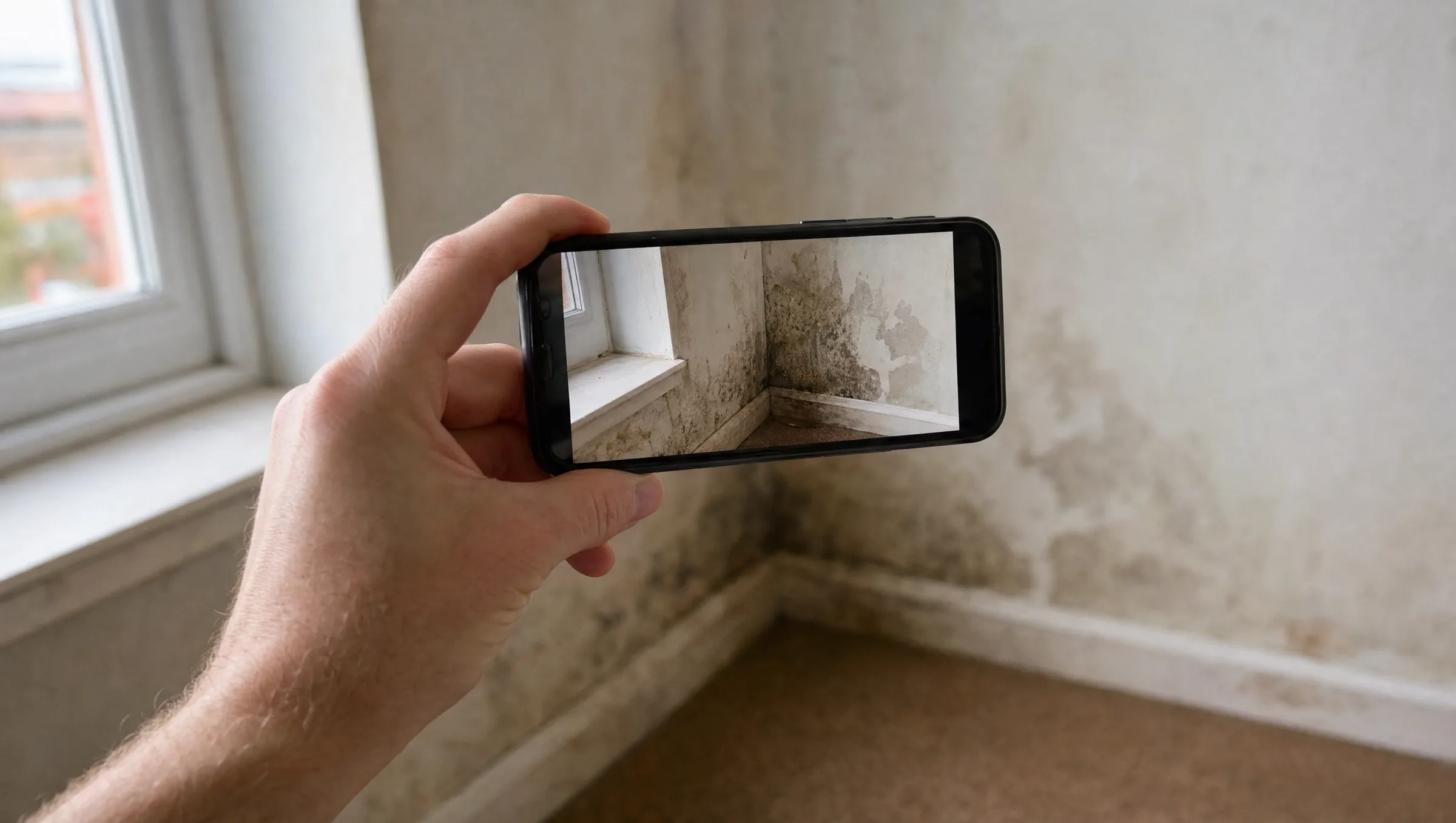 A hand holding a phone, photographing a damp and mouldy wall corner