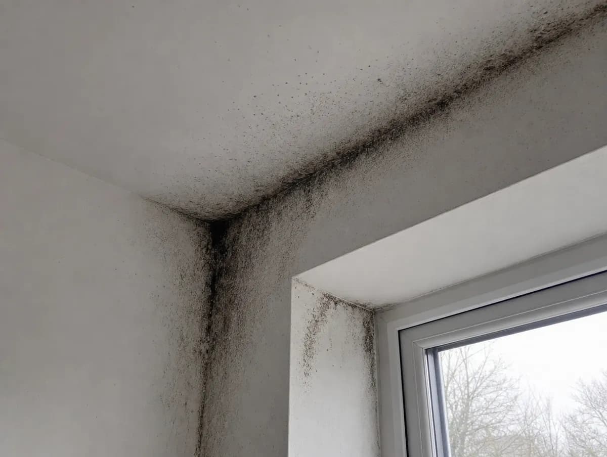 Black mould spreading across a ceiling corner and window reveal